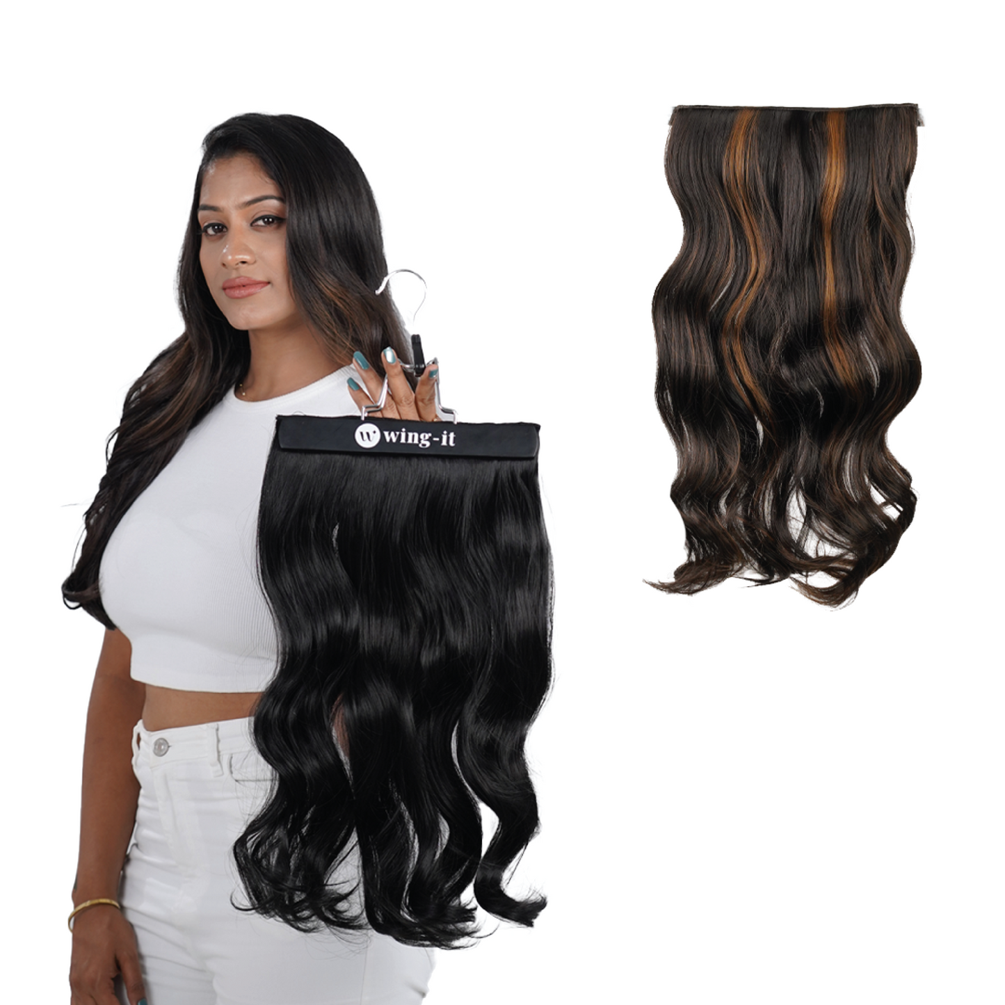 hair extensions curly black with gold highlights showcased by a model