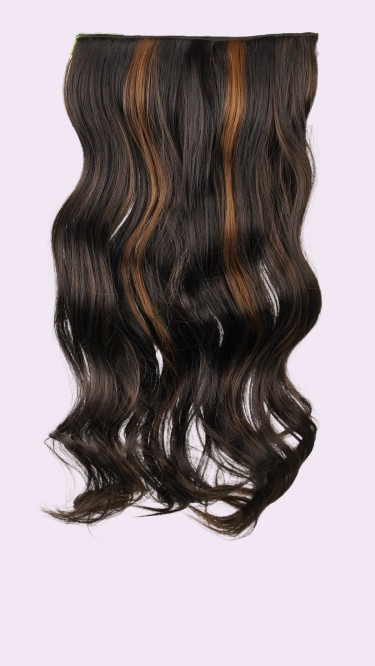 Curly Quick Volume clip-in extension in black with gold highlights, one-piece