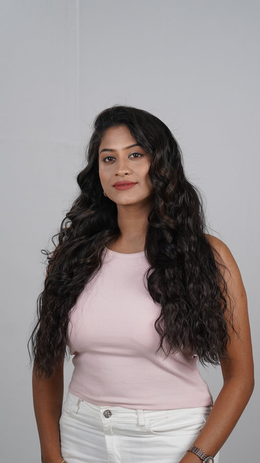 Model showing textured Crimp Wavy Quick Volume extension, one-piece