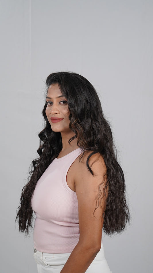 Model showing textured Crimp Wavy Quick Volume extension, one-piece