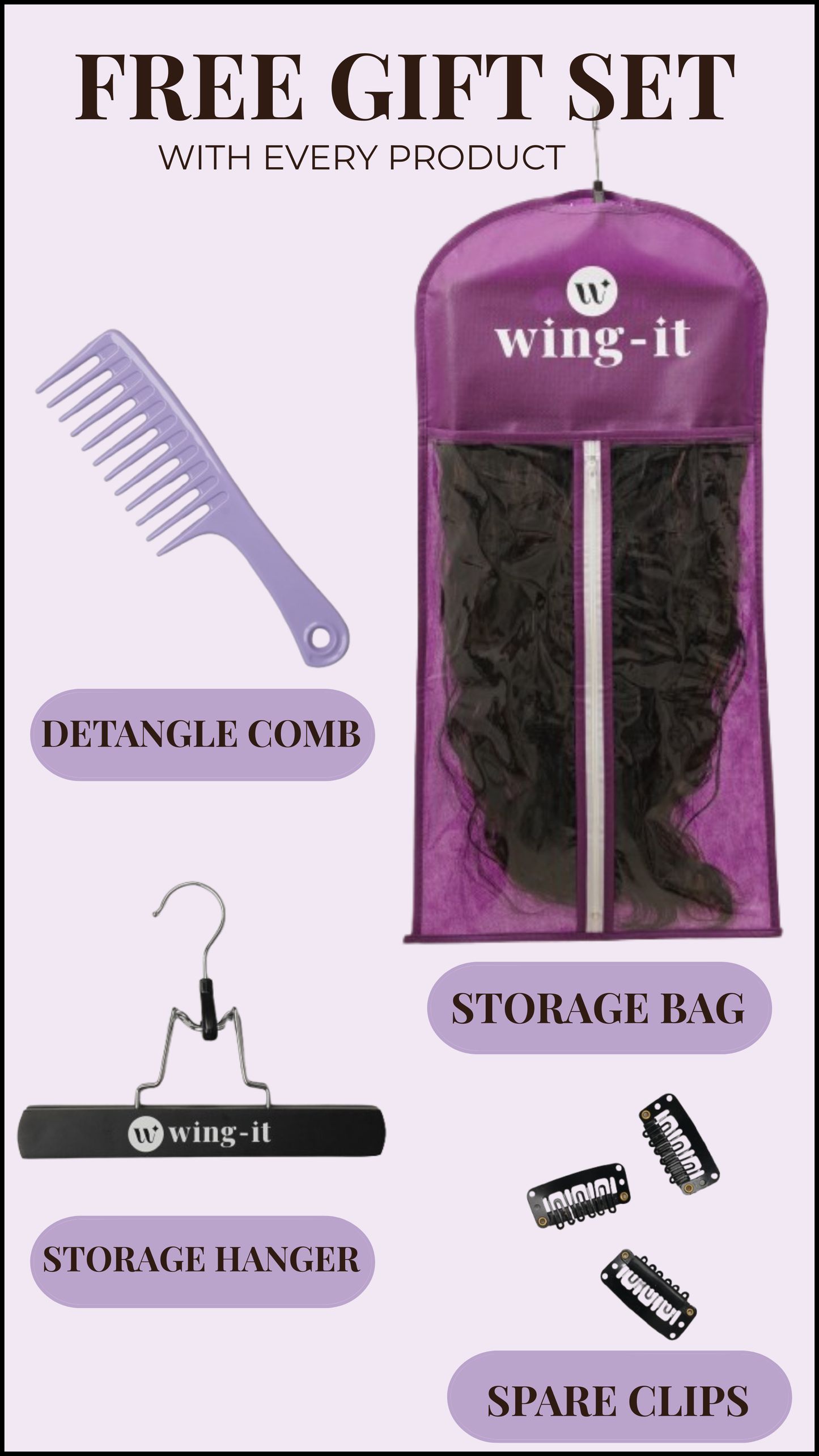 Promotional graphic for wing-it product set with comb, storage bag, hanger, and clips.