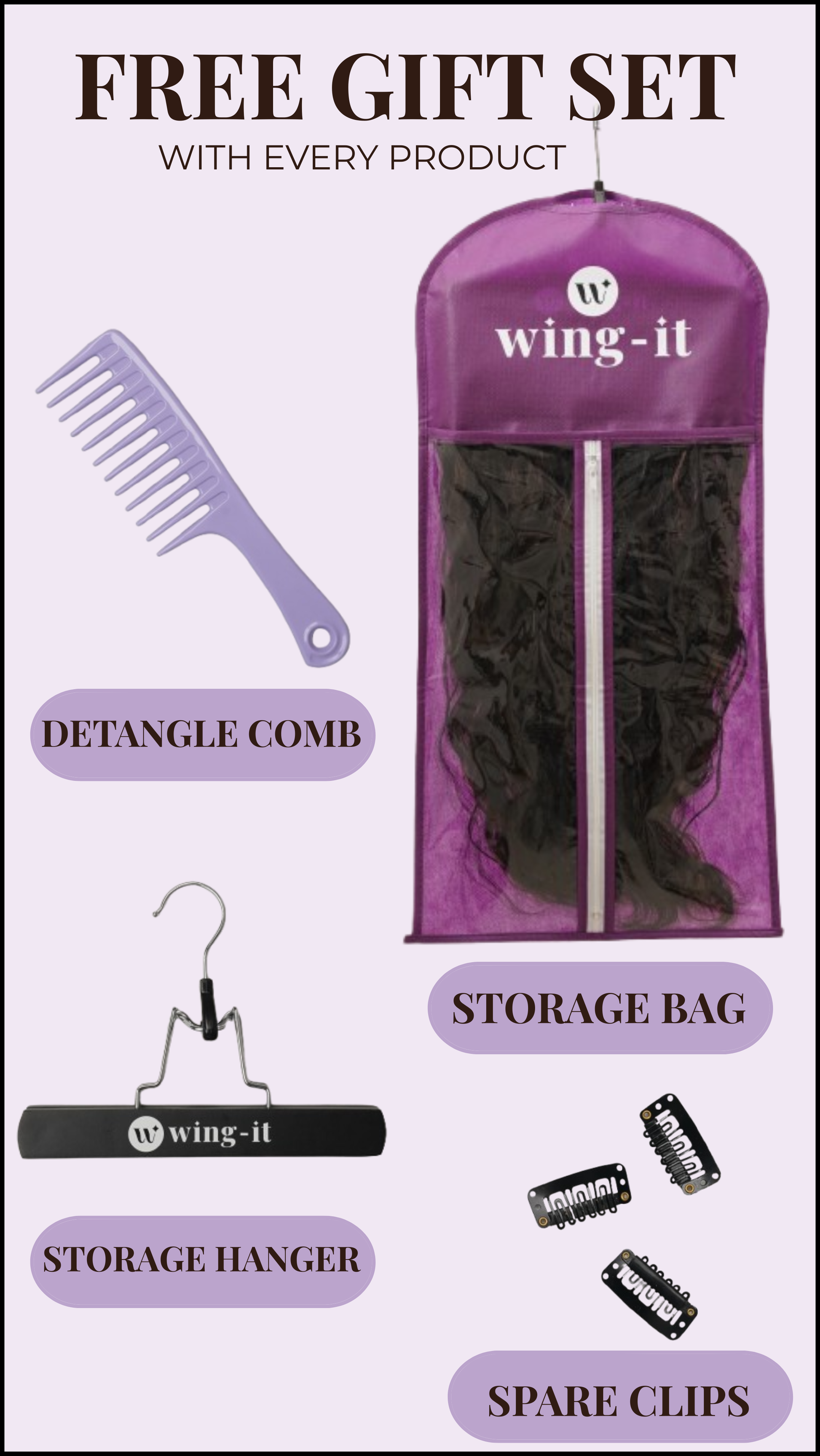 Promotional graphic for wing-it product set with comb, storage bag, hanger, and clips.