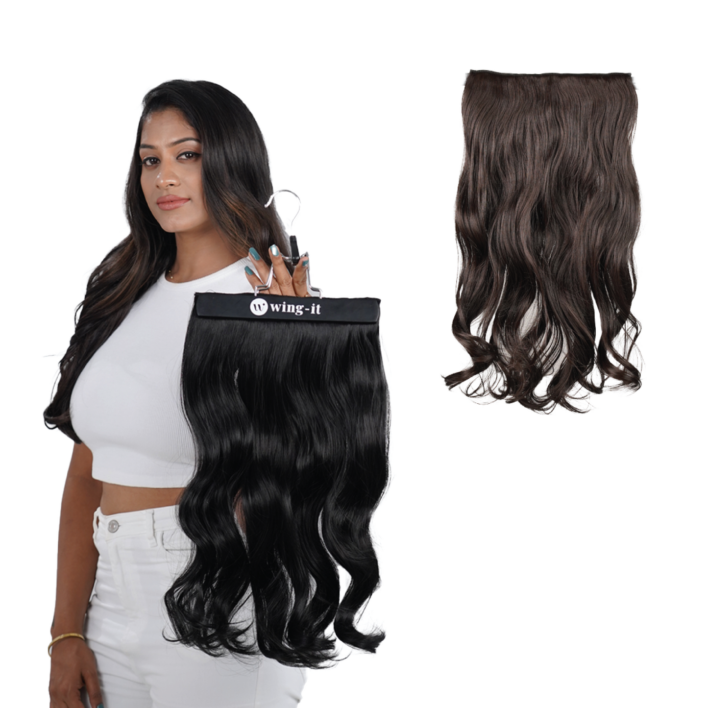 hair extensions curly dark brown showcased by a model