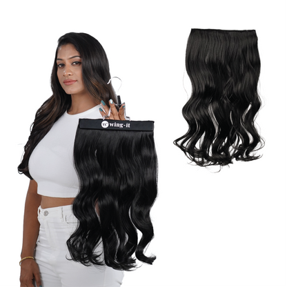 hair extensions curly black showcased by a model